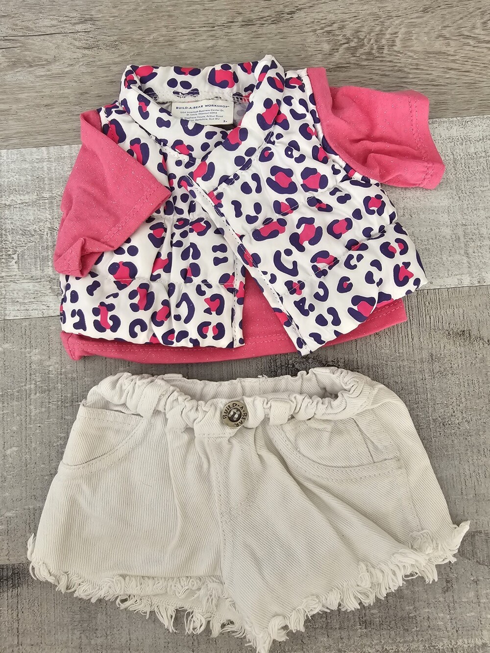 Build A Bear Pink Cheetah Shirt Vest & White Shorts Teddy Clothes #13